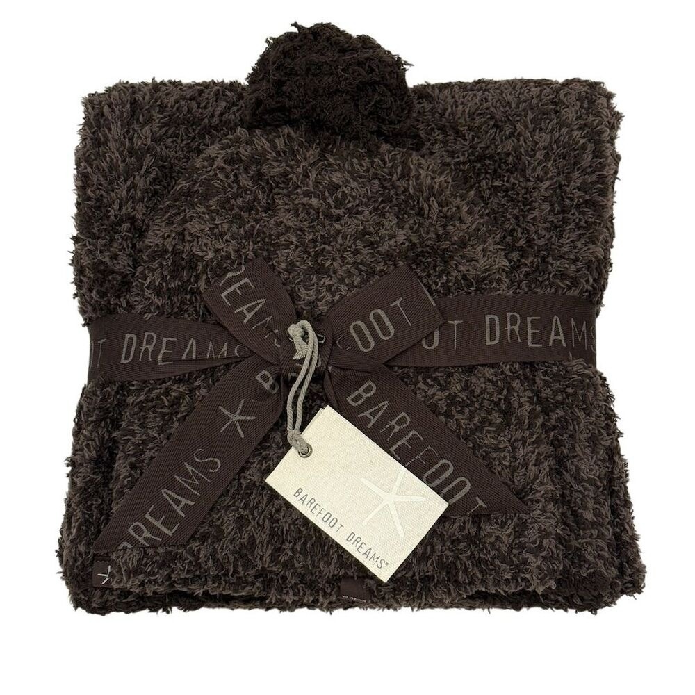Barefoot Dreams CozyChic Pom Pom Beanie & Scarf Gift Set Espresso Cocoa Soft NWT